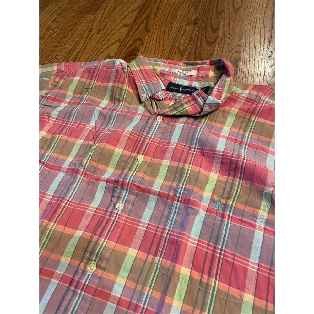 Ralph Lauren Men's Indian Madras Button Down Short Sleeve Shirt Pink Plaid 2XLT